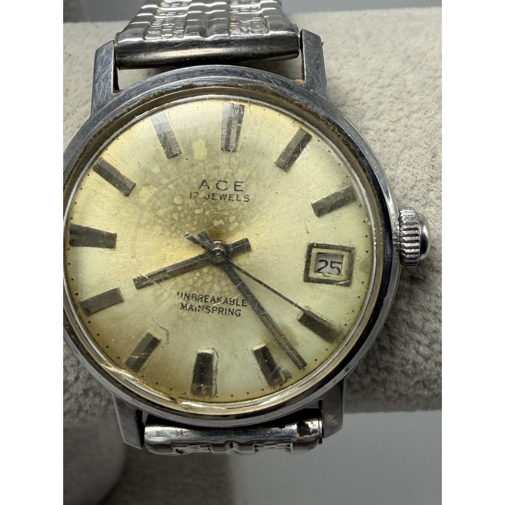 Ace‎ 17 Jewels Manual Wind Mens Watch 33MM 6.25" Stretch Band Working Vintage